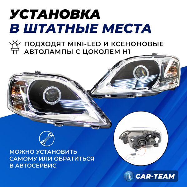 Фары Лада Ларгус передние круглые би линзы с ангельскими глазками, черная маска, реснички хром