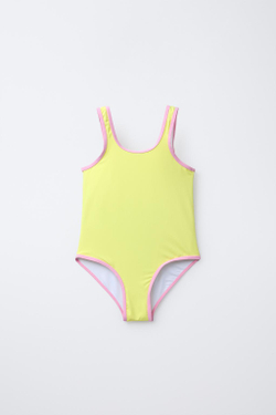 ZARA КУПАЛЬНИК С ОТДЕЛКОЙ, ЗЕЛЕНЫЙ/ЭКРЮ