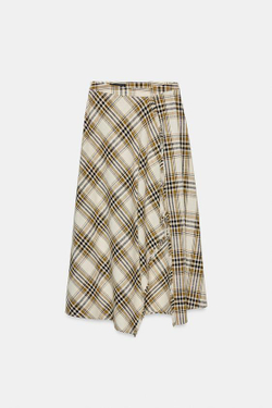 ZARA АСИММЕТРИЧНАЯ ЮБКА МИДИ В КЛЕТКУ, ЭКРЮ/ЧЕРНЫЙ