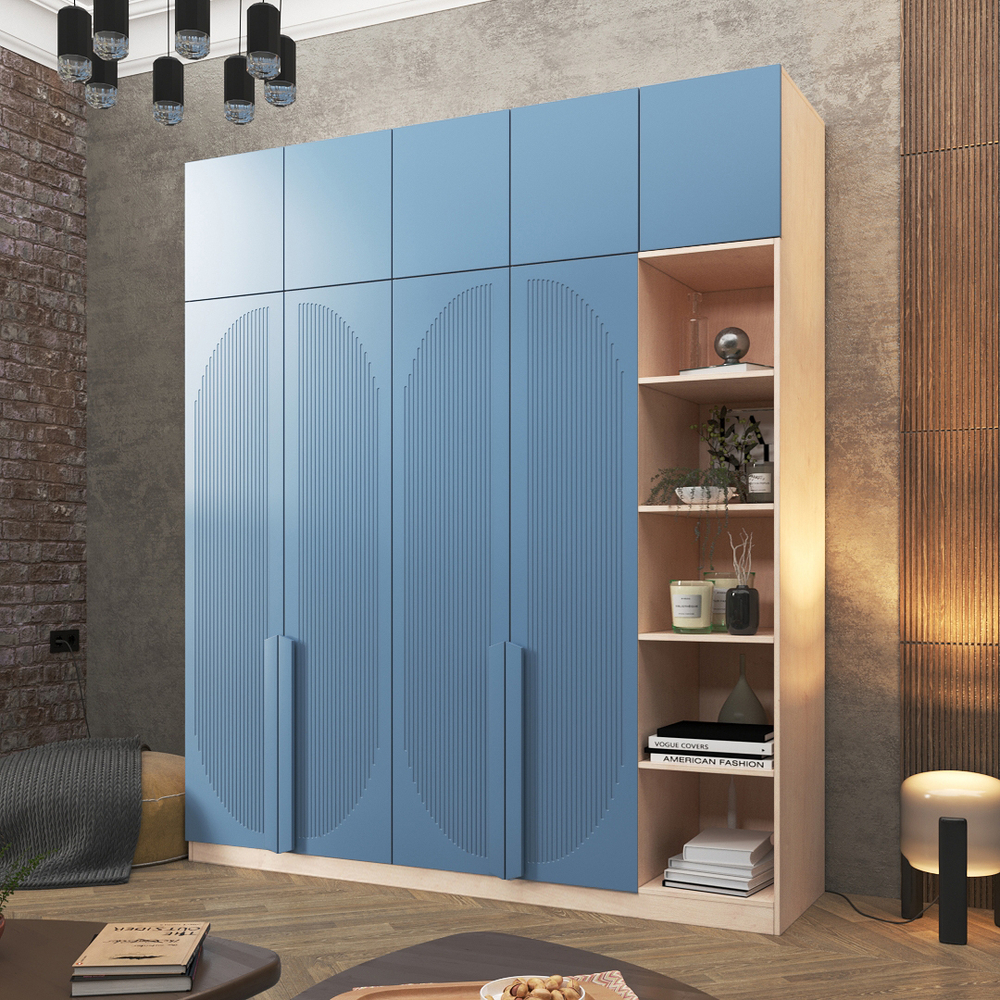 Шкаф Агератум МДФ четырехсекционный с антресолью и стеллажом Сапфир структурный (0,3) G4018-62A матовая - Дуб молочный 8622  230*60*260