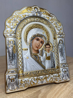 Казанская БМ, икона арочная с рамкой под стеклом, красное дерево 206х270