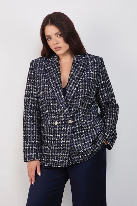 Жакет из твида двубортный в клетку, синий