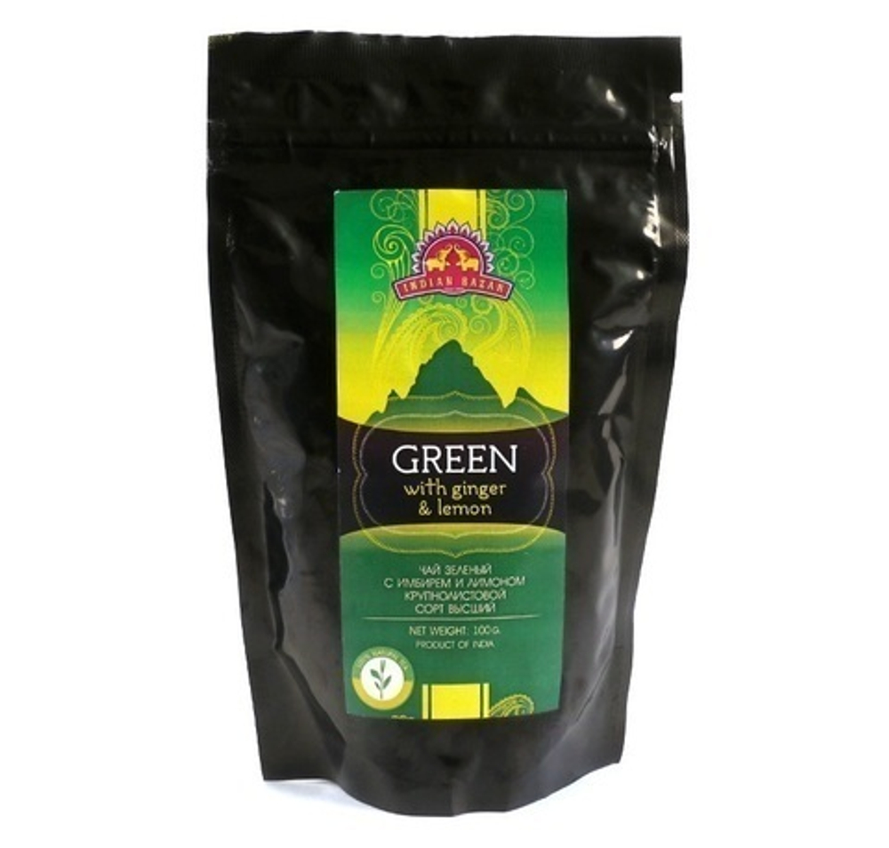 Чай Indian Bazar Green with Ginger and Lemon зеленый с имбирем и лимоном крупнолистовой в/с 100 г