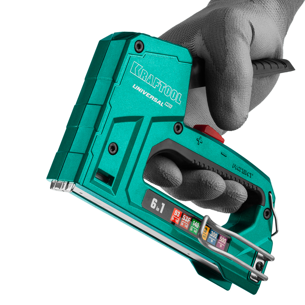 KRAFTOOL Universal-HD, 6-в-1: 53 (A/10/JT21) 23GA (6 - 14 мм)/140 (G/11/57) 20GA (8 - 14 мм)/13/53F/300/500, универсальный алюминиевый степлер (3188)
