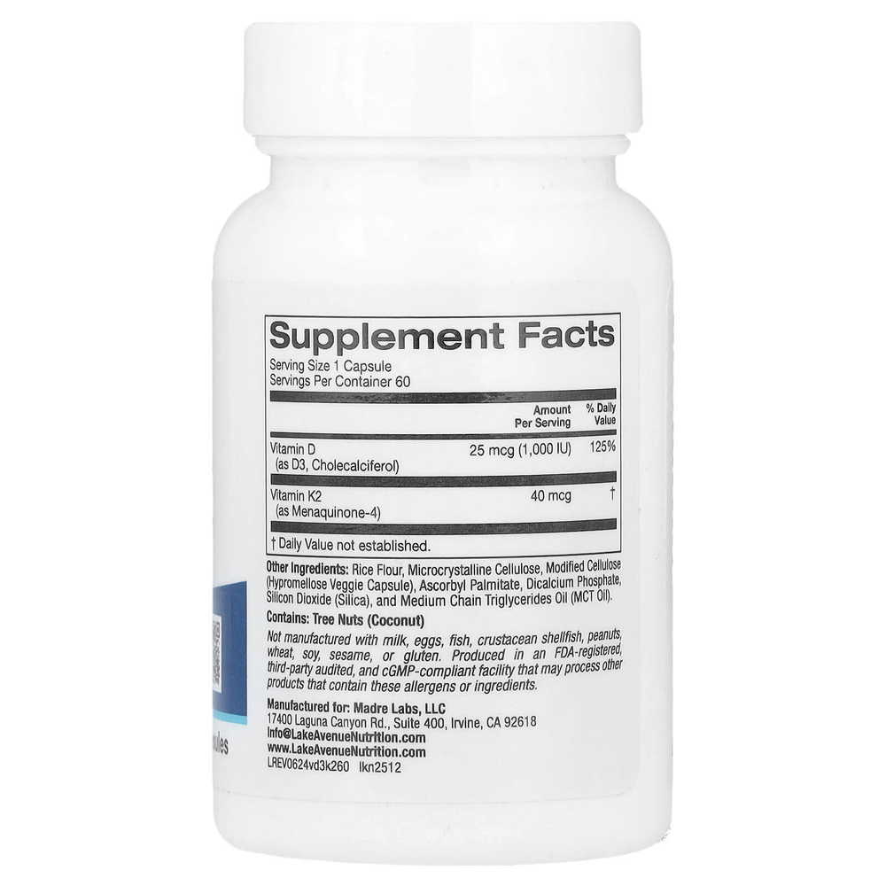 Lake Avenue Nutrition, витамины D3 и К2, 60 растительных капсул