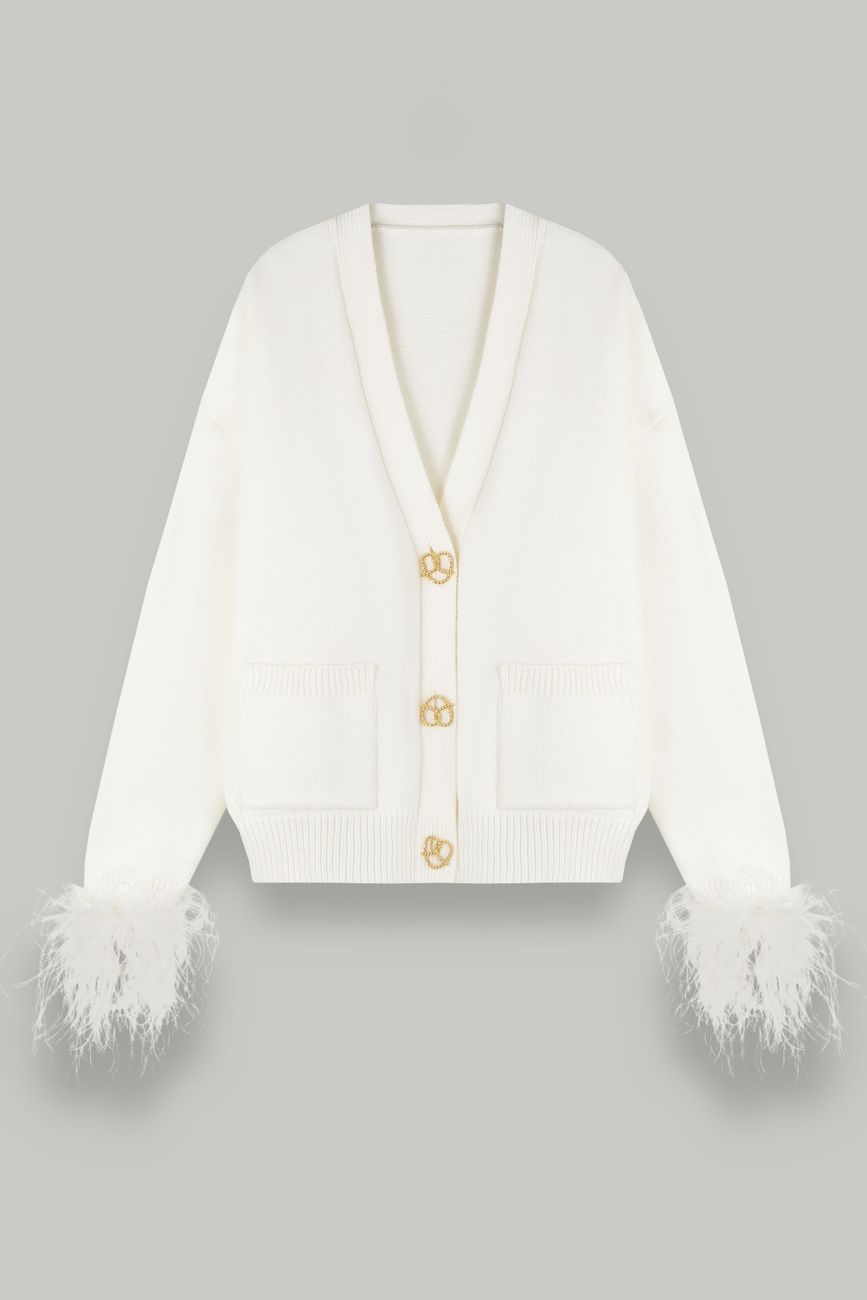 Кардиган вязаный с перьями, молочный