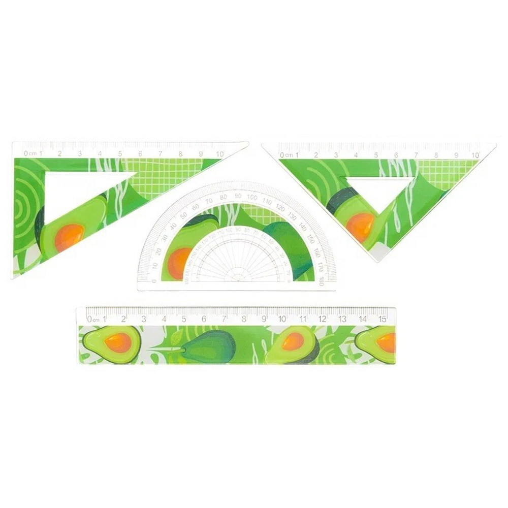 Линейка Basir пластиковая, набор 4 шт, серия "Авокадо", 4 предмета: линейка 15 см, транспортир и два угольника