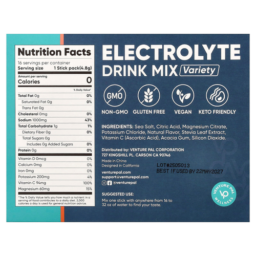 Venture Pal, смесь для приготовления электролитического напитка, ассорти, 16 стик-пакетов по 4,8 г (0,17 унции)