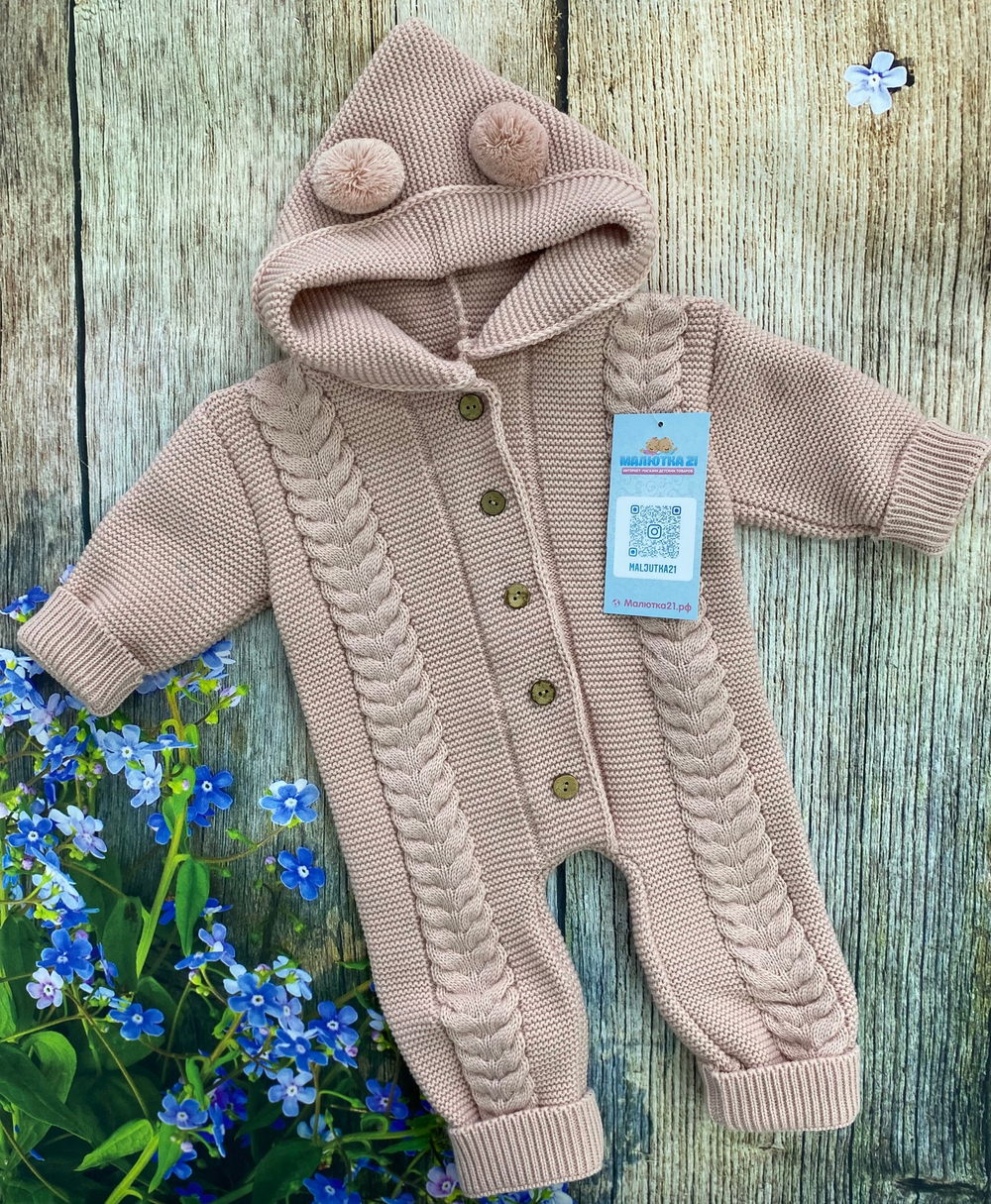 Комбинезон вязаный с капюшоном "Коса-К" (открытые ножки) (Цвет: Серый, Размер: 74)