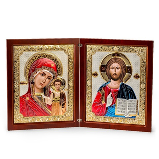 Складень, Казанская БМ, Молитва, икона прямоугольная, красное дерево, эмаль 235x370