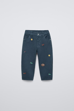 ZARA БРЮКИ STRAIGHT ИЗ ТВИЛА С ВЫШИВКОЙ, СИНИЙ/ИНДИГО