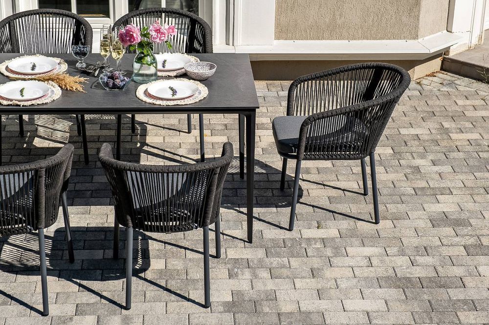 "Малага" обеденная группа на 6 персон со стульями "Марсель", каркас темно-серый, роуп темно-серый