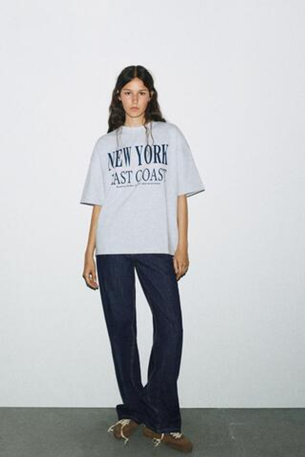 ZARA ФУТБОЛКА С НАДПИСЬЮ, СЕРЫЙ МЕЛАНЖ
