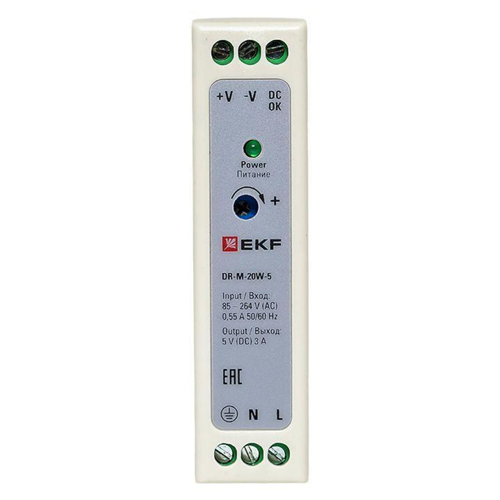 Блок питания на DIN рейку 20Вт Uвх 220В AC m Uвых - 5В DC постоянного тока EKF DR-M-20W-5