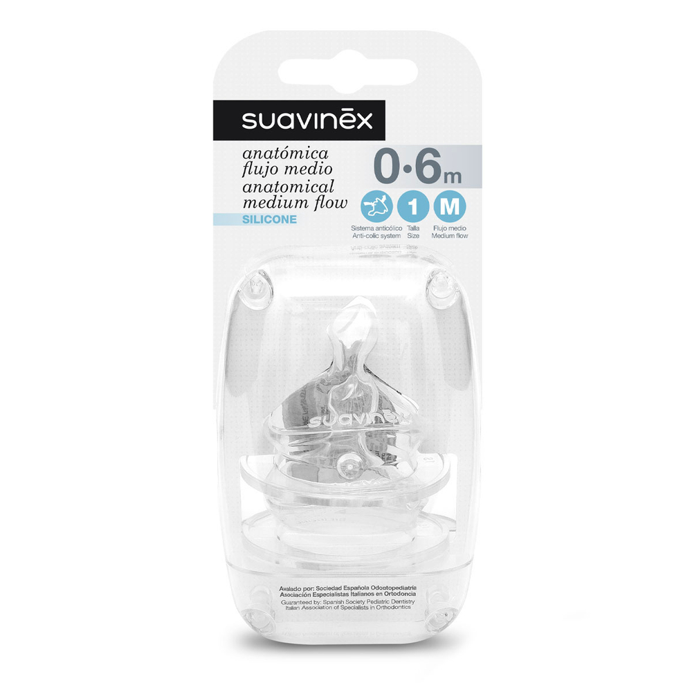 Антиколиковая силиконовая соска для бутылочки SUAVINEX 0+ M (2 шт)