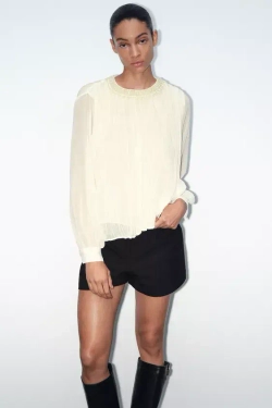 ZARA ТОП С ИСКУССТВЕННЫМ ЖЕМЧУГОМ НА ГОРЛОВИНЕ, ЭКРЮ