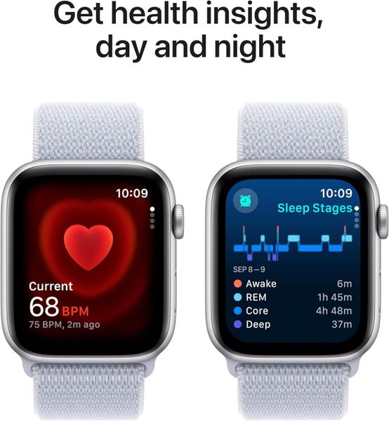 Умные часы Apple Watch SE 2024 44 мм из алюминия серебристого цвета, нейлоновый браслет дымчато-голубого цвета