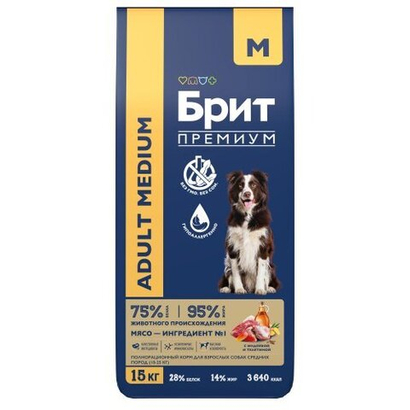 Корм для собак сухой Брит BRIT PREMIUM Dog Adult Medium с индейкой и телятиной, 15 кг