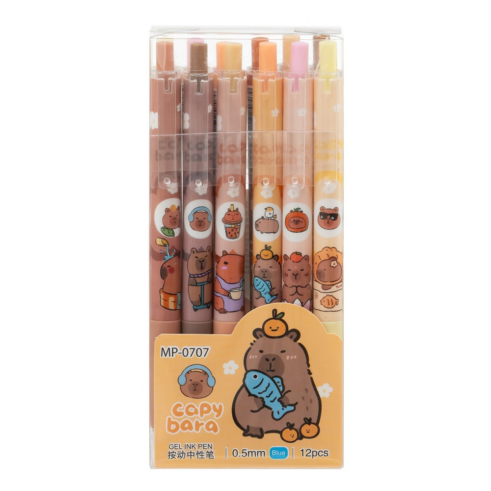 Ручка гелевая, автоматическая, Basir, синие чернила, серия "Капибара", 12 шт