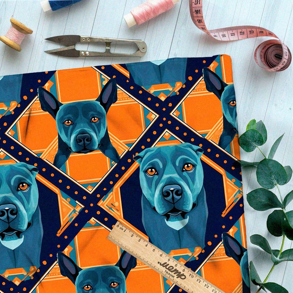 Ткань премиум флис коллаж из серо-голубых псов