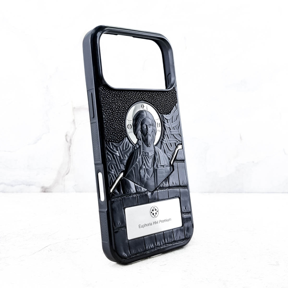 Люксовый чехол для iPhone из натуральной кожи крокодила Euphoria HM Premium аксессуар из Православной коллекции с изображением Иисуса Христа.