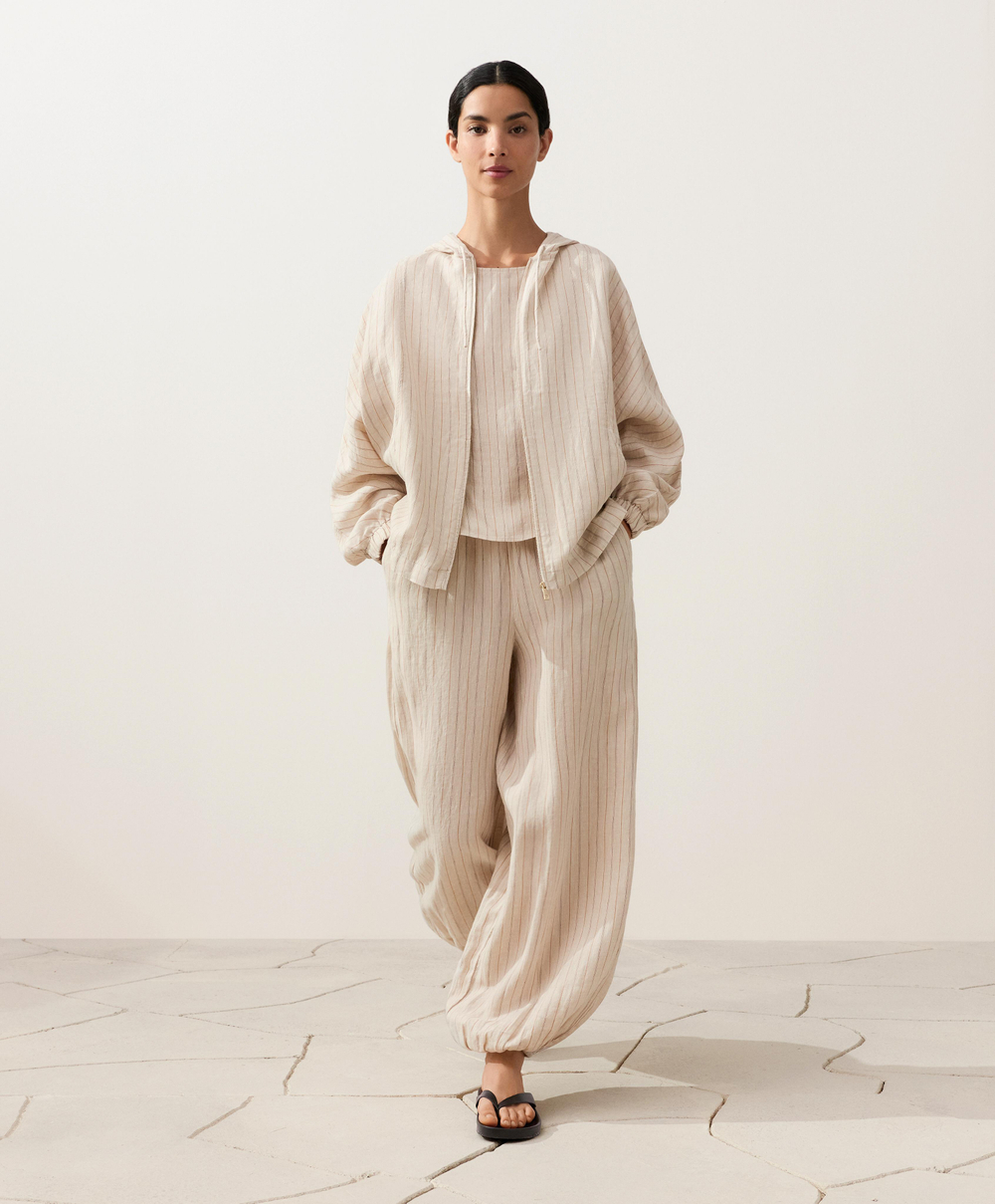 Oysho Куртка с капюшоном в полоску из 100% льна, песочный меланж