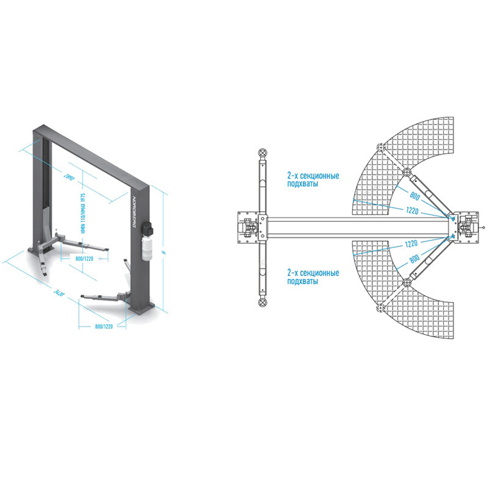 NORDBERG (N4120H1E-4B) Подъемник 2х стоечный 380В, г/п 4т, с верхней синхронизацией, H=4.0 м, с электростопорами
