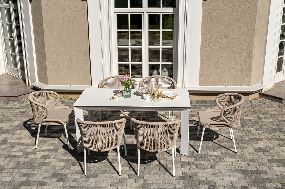 "Венето" обеденная группа на 6 персон со стульями "Милан", каркас белый, роуп бежевый