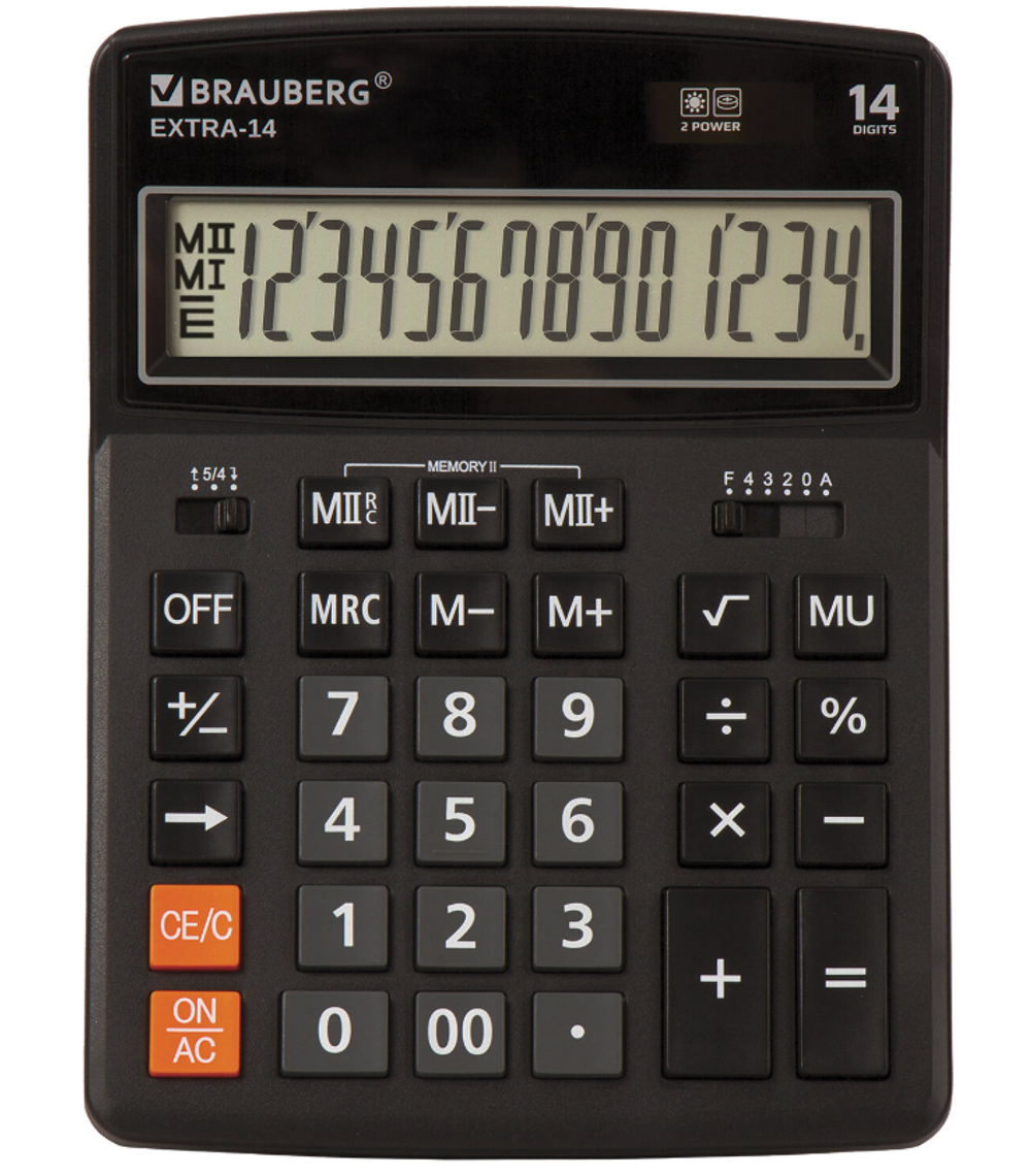Калькулятор настольный BRAUBERG EXTRA-14-BK (206x155 мм), 14 разрядов, двойное питание, ЧЕРНЫЙ, 250474