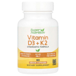 Super Nutrition, витамины D3 и К2, 60 растительных капсул