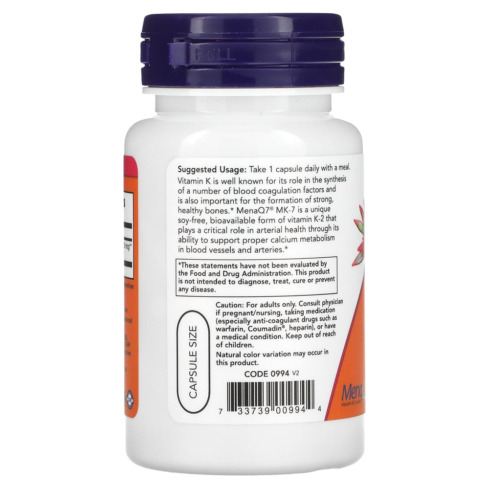 NOW Foods, MK-7, витамин K2, 300 мкг, 60 вегетарианских капсул