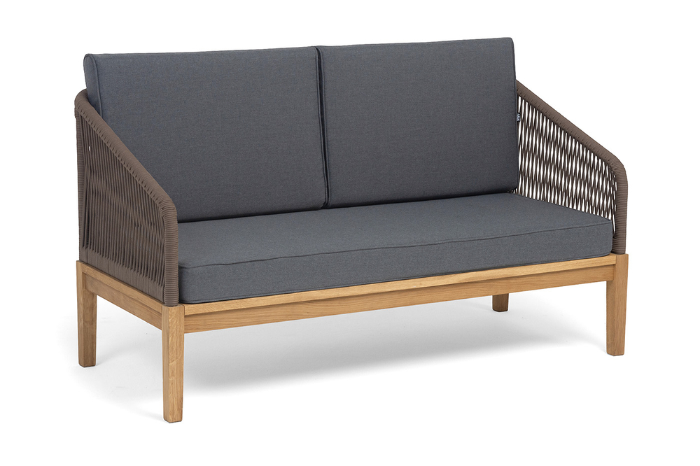 "Канны" диван 2-местный плетеный из роупа, основание дуб, роуп коричневый круглый, ткань темно-серая 027 NEW