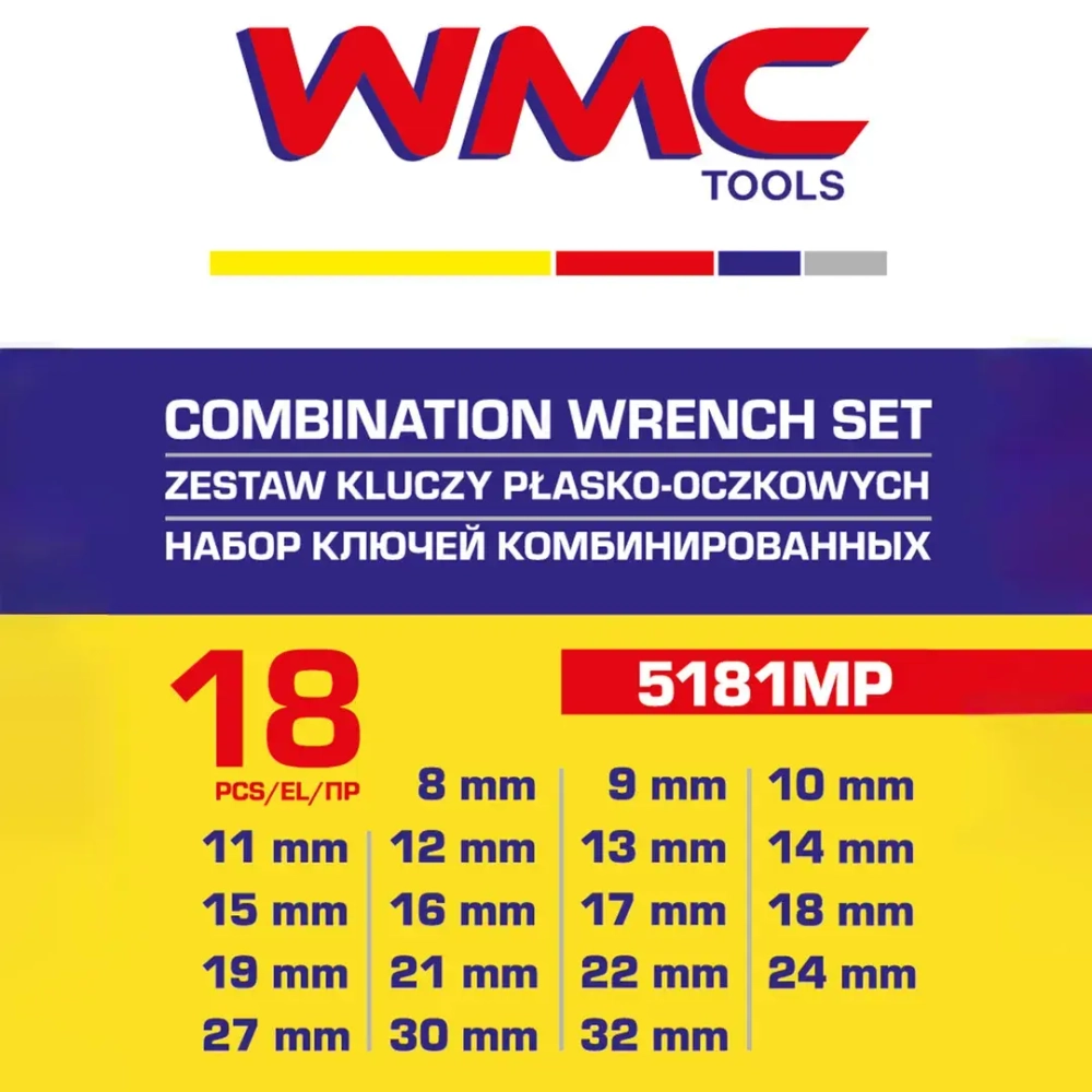 Набор ключей комбинированных 18пр. (8-19, 21, 22, 24, 27, 30, 32мм),в пластиковом держателе WMC TOOLS WMC-5181MP