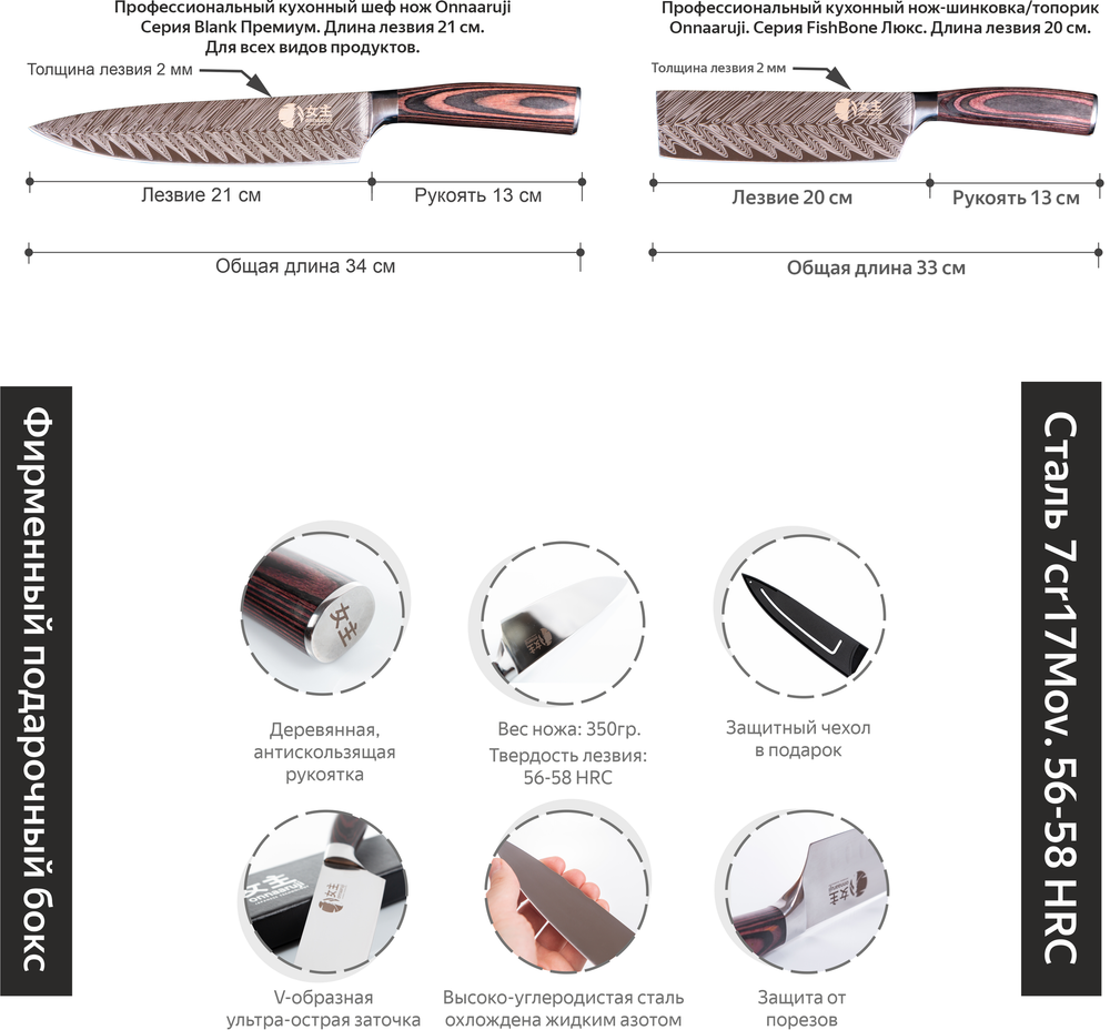 Набор ножей кухонных onnaaruji. Ножи кухонные набор в подарочной упаковке. 2 предмета. Профессиональный. Поварской