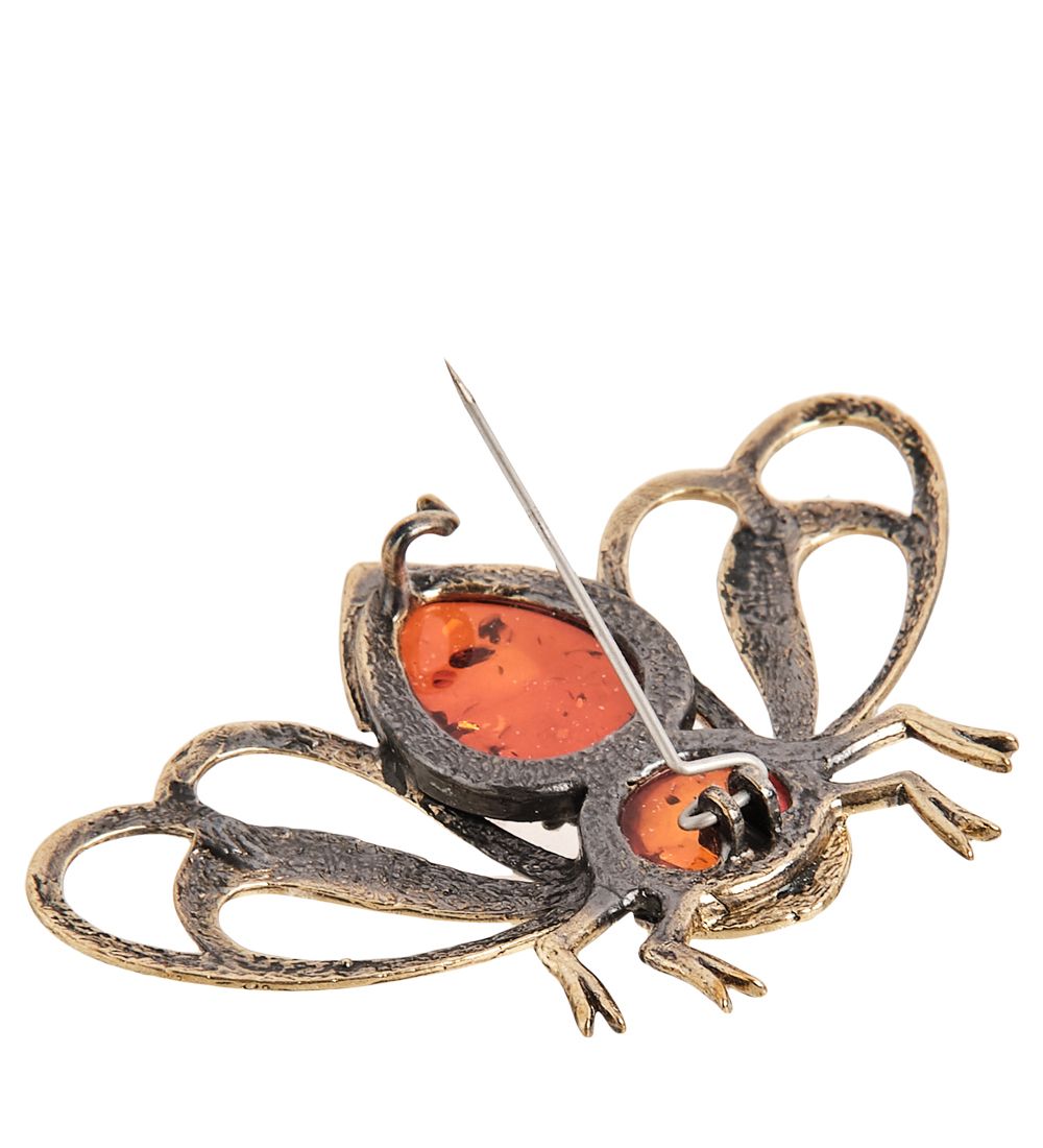 AM-2364 Брошь «Мотылек- Мгновение» (латунь, янтарь)