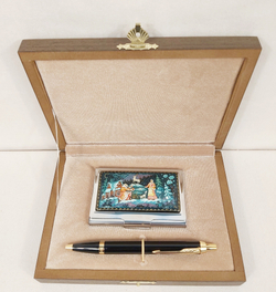 Набор "Серебряное копытце" визитница персональная с ручной росписью Палех и авторучка Parker