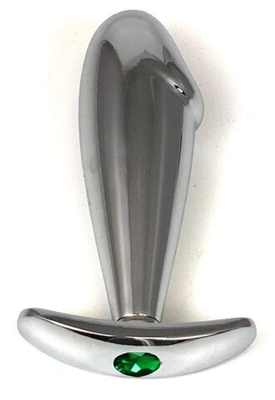 Серебристая анальная пробка-фаллос с зеленым кристаллом – 9,5 см. (Цвет: зеленый)