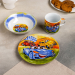 2480344 Набор детской посуды «Гонки», 3 предмета: кружка 220 мл, миска 400 мл, тарелка 18 см