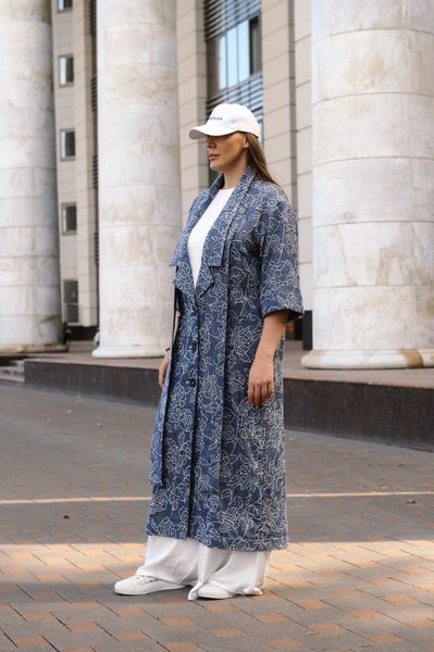 Тренч из тонкого джинсового жаккарда с цветочным принтом