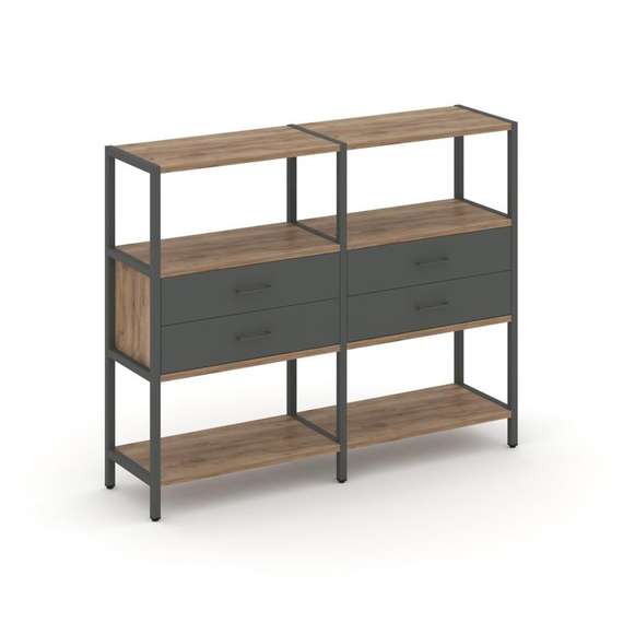 Shelf System Двухсекционный стеллаж трехярусный с ящиками SN.STM-322 Дуб Табак/Антрацит/Металл Антра