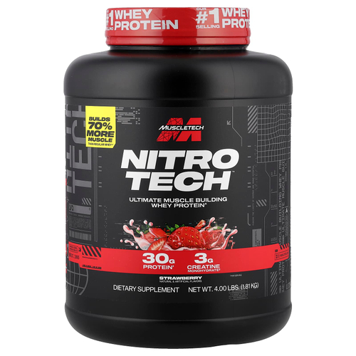 MuscleTech, серия Performance, Nitro Tech, основной источник сывороточных пептидов и изолятов, клубничный вкус, 1,81 кг (4 фунта)