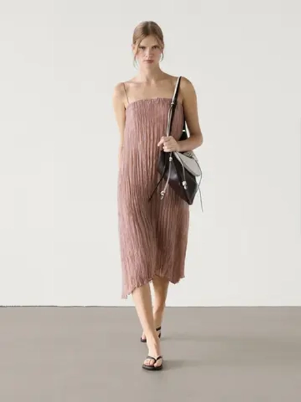 Massimo Dutti Плиссированное платье миди на бретелях, розовый