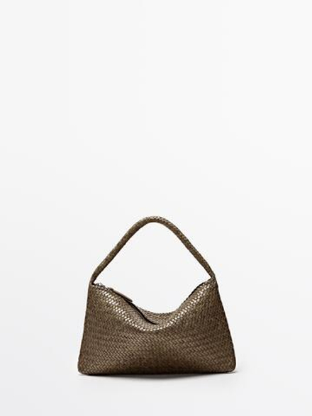 Massimo Dutti Маленькая плетеная кожаная сумка через плечо, хаки