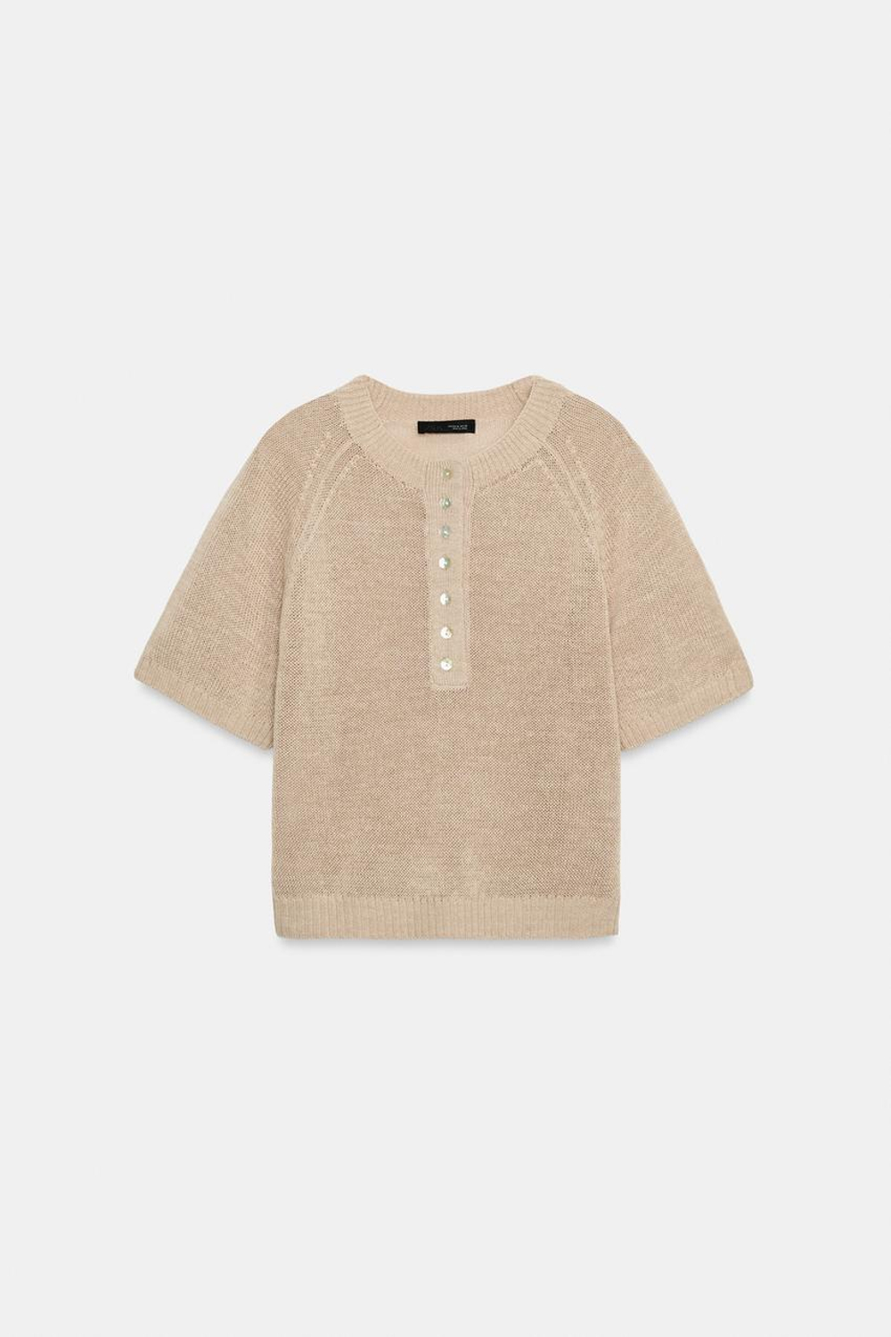 ZARA СВИТЕР С КОРОТКИМИ РУКАВАМИ И ПУГОВИЦАМИ, ПЕСОЧНЫЙ