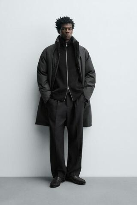 ZARA ДЛИННЫЙ СТЕГАНЫЙ ПУХОВИК, ЗЕЛЕНЫЙ