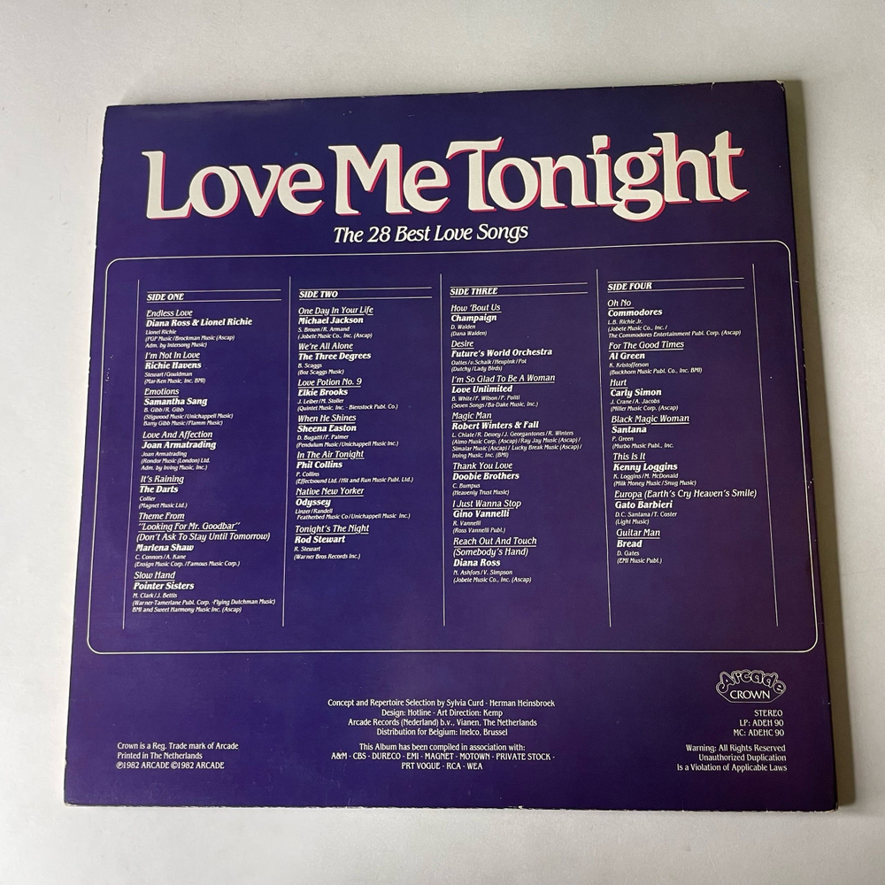 Винтажная виниловая пластинка LP Сборник Love Me Tonight, The 28 Best Love Songs (Michael Jackson, Phil Collins, Al Green и другие) (Нидерланды 1982)
