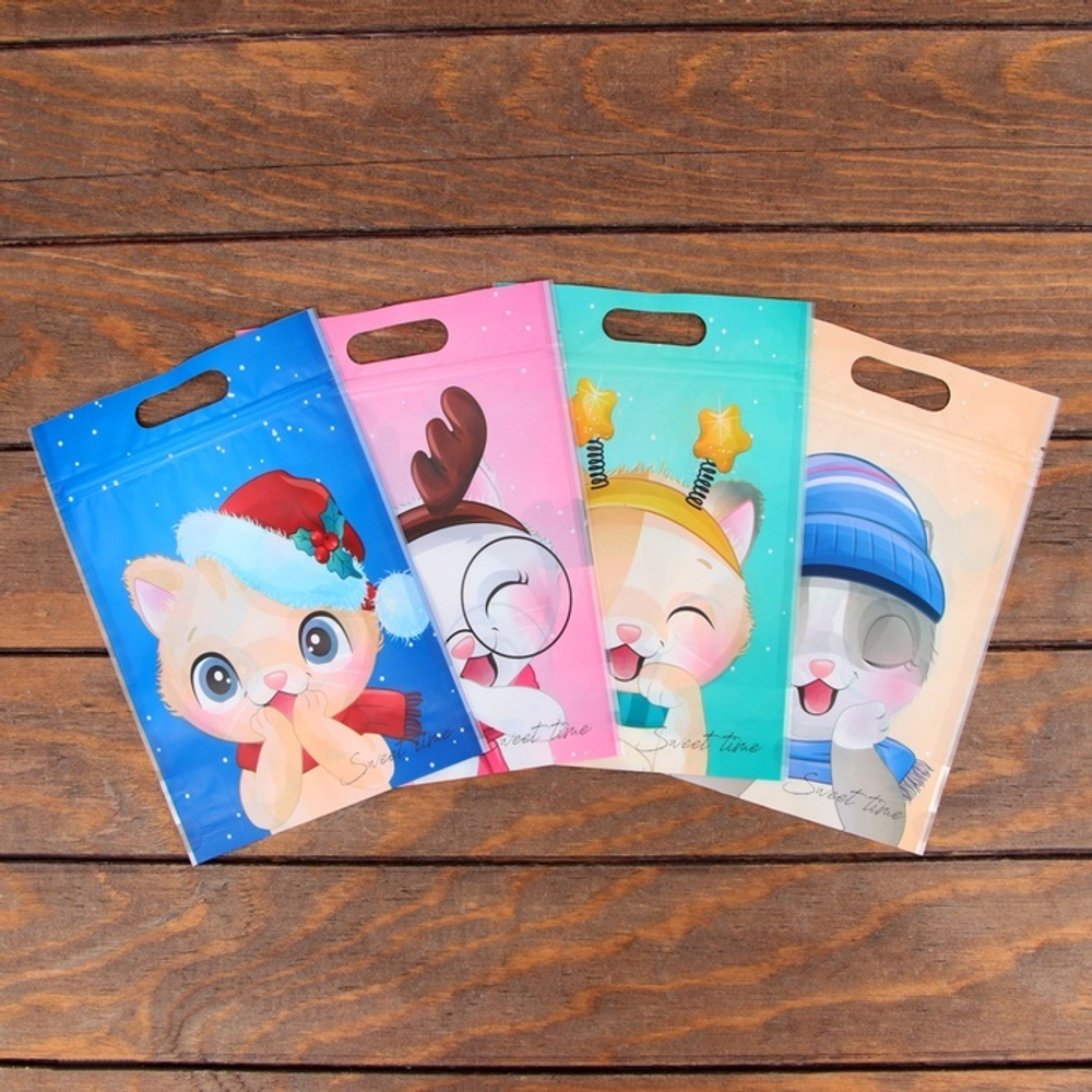 Новый год. Пакет подарочный, с zip-lock застежкой, "Зимние котята", 15х22см.
