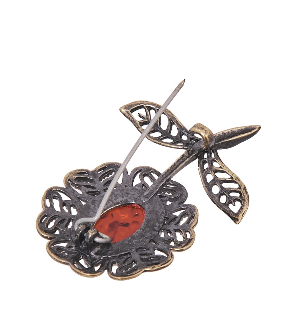 AM-4117 Брошь «Цветочек Волшебный» (латунь, янтарь)