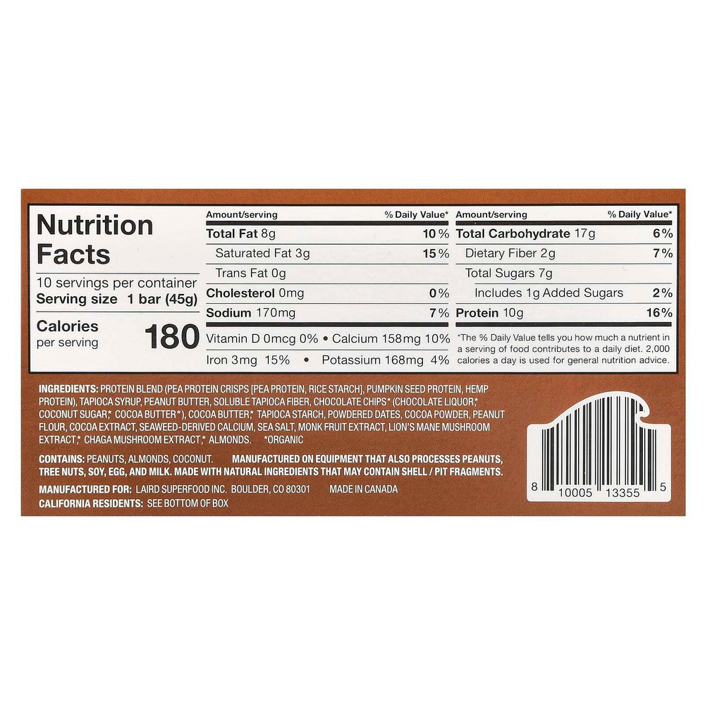 Laird Superfood, Протеиновый батончик Superfood + адаптогены, двойной шоколад с арахисовой пастой, 10 батончиков по 45 г (1,6 унции)