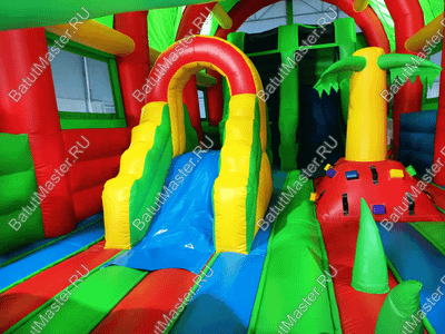 Надувной батут "Страна Сафария" с крышей и высокими горками,зеленый, 11*6*6